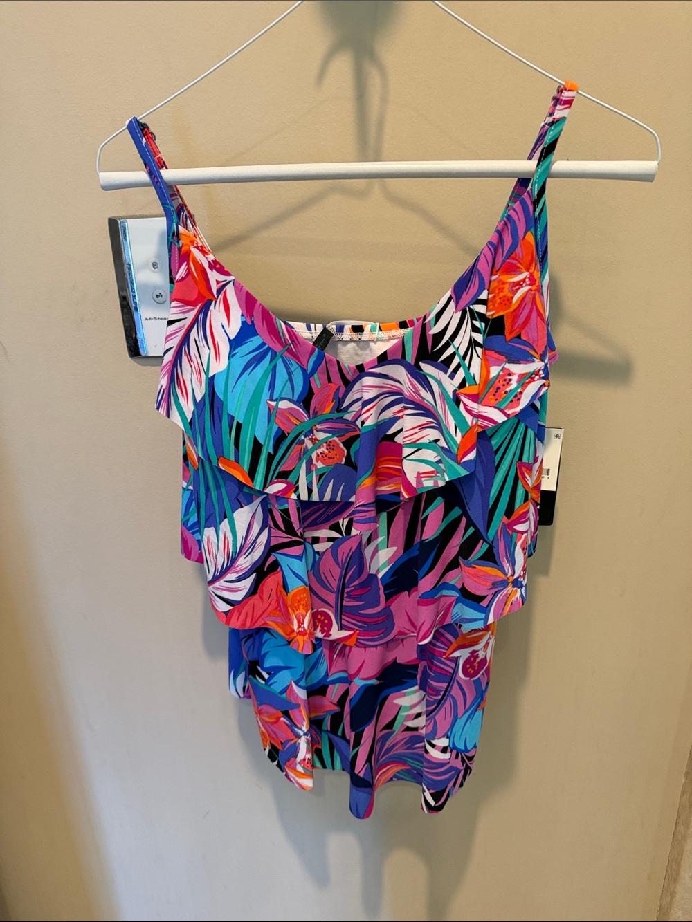 Aqua Green Tropical Ruffle Tankini Top - Blue/Purple/Pink Tropical Flowers